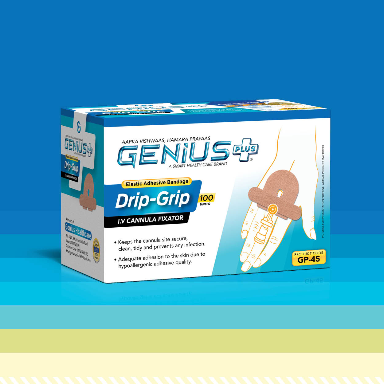 Drip-Grip I.V Cannula Fixator — Elastic adhesive bandage that keeps the cannula site secure, clean and infection free.