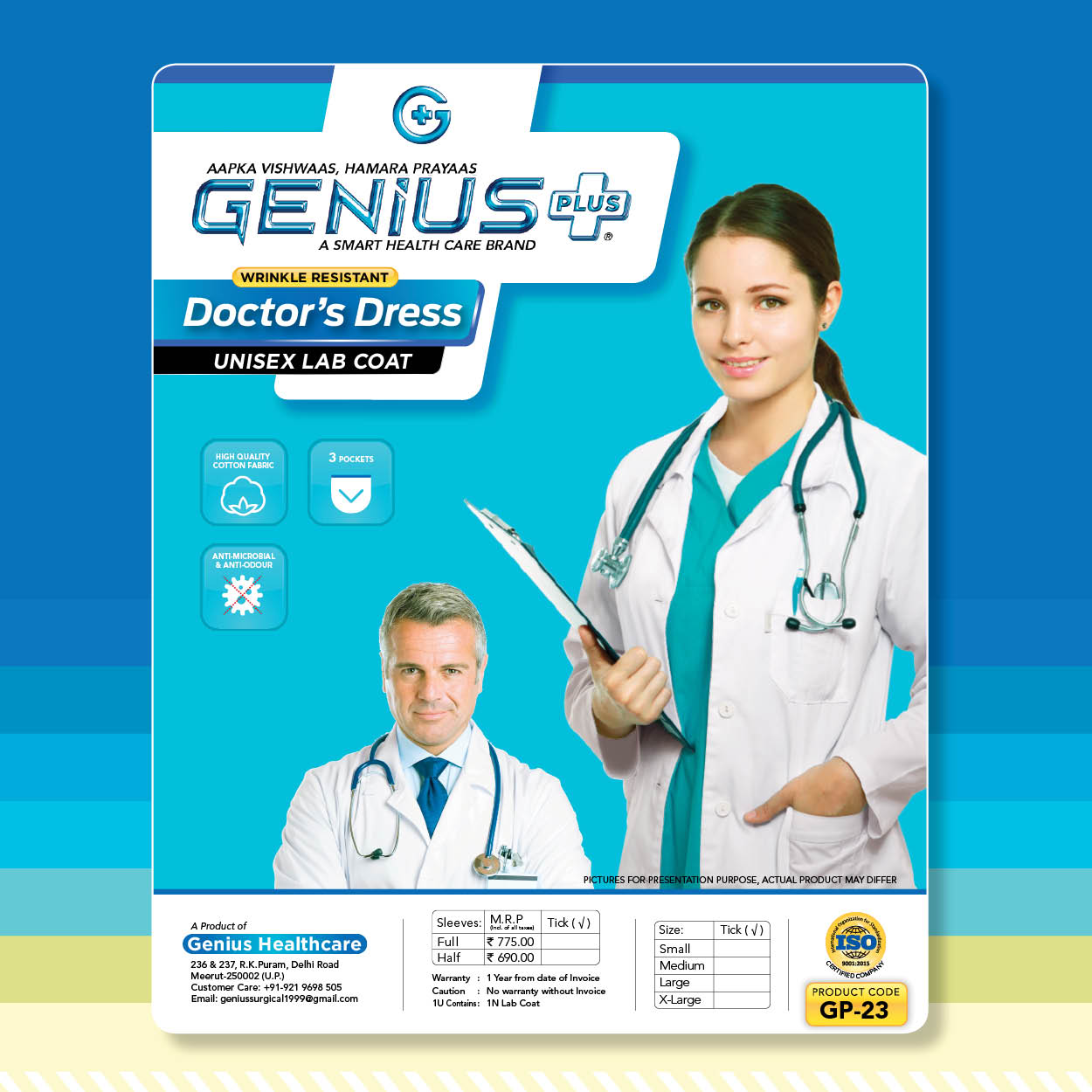 Doctor's Dress Unisex Lab Coat — Wrinkle resistant unisex lab coat in high quality cotton fabric, available in full and half sleeves.