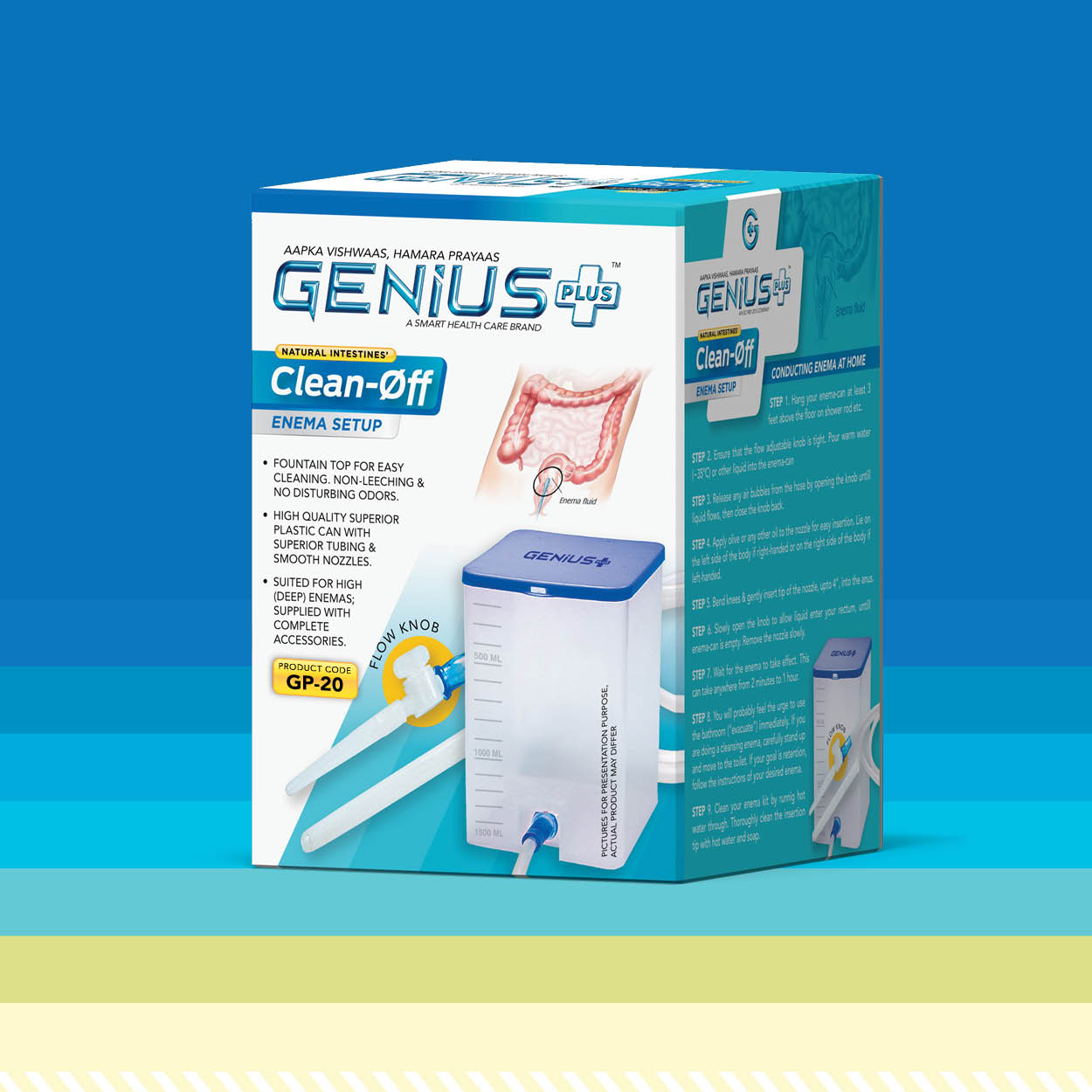 Clean-Øff Enema Setup — Complete natural-intestines enema setup with a superior plastic can, tubing and smooth nozzles — suited for high (deep) enemas and supplied with complete accessories.