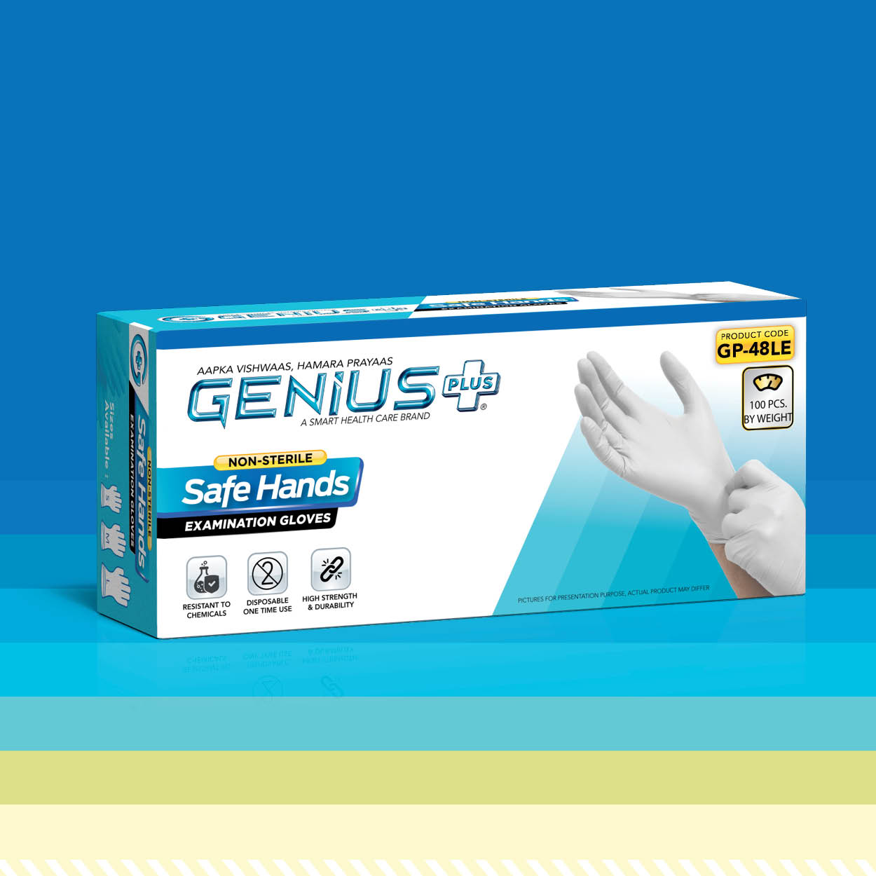 Safe Hands Examination Gloves (Non-Sterile) — Non-sterile disposable examination gloves with sizes available.