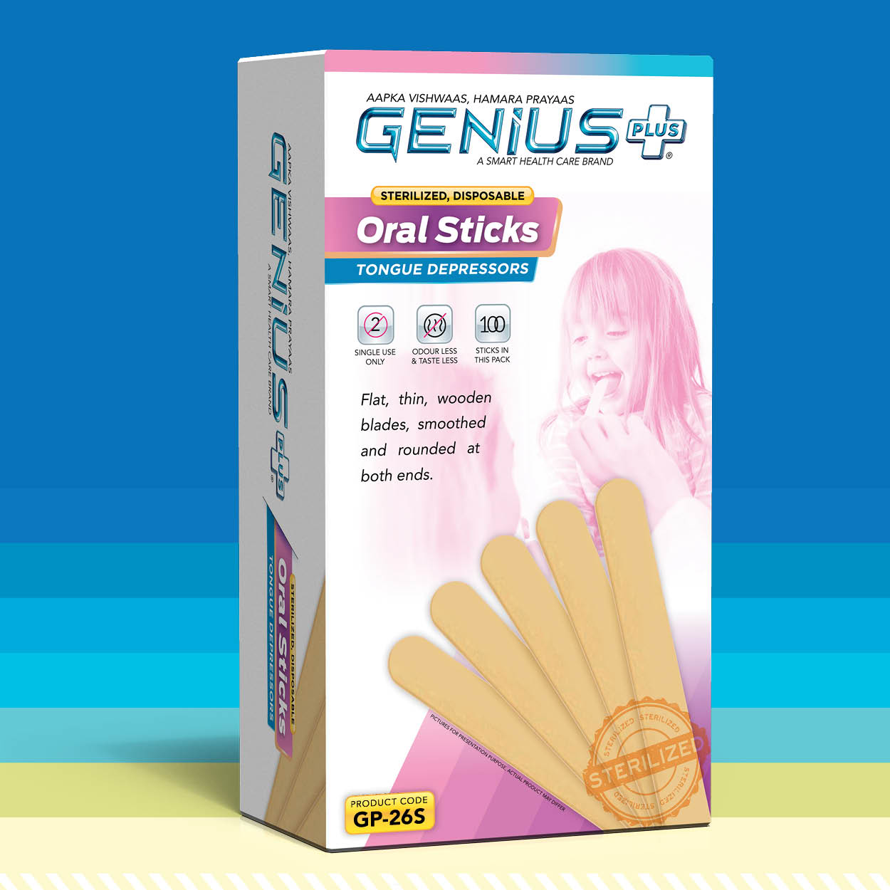 Sterilized Oral Sticks Tongue Depressors — Sterilized disposable wooden tongue depressors — flat, thin blades smoothed and rounded at both ends.