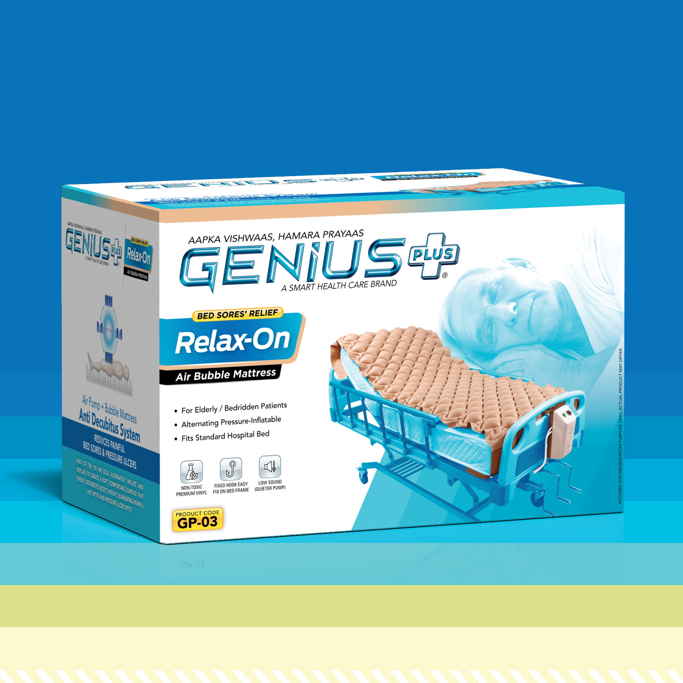 Relax-On Air Bubble Mattress — Anti-decubitus air bubble mattress system that reduces painful bed sores and pressure ulcers for bedridden patients.