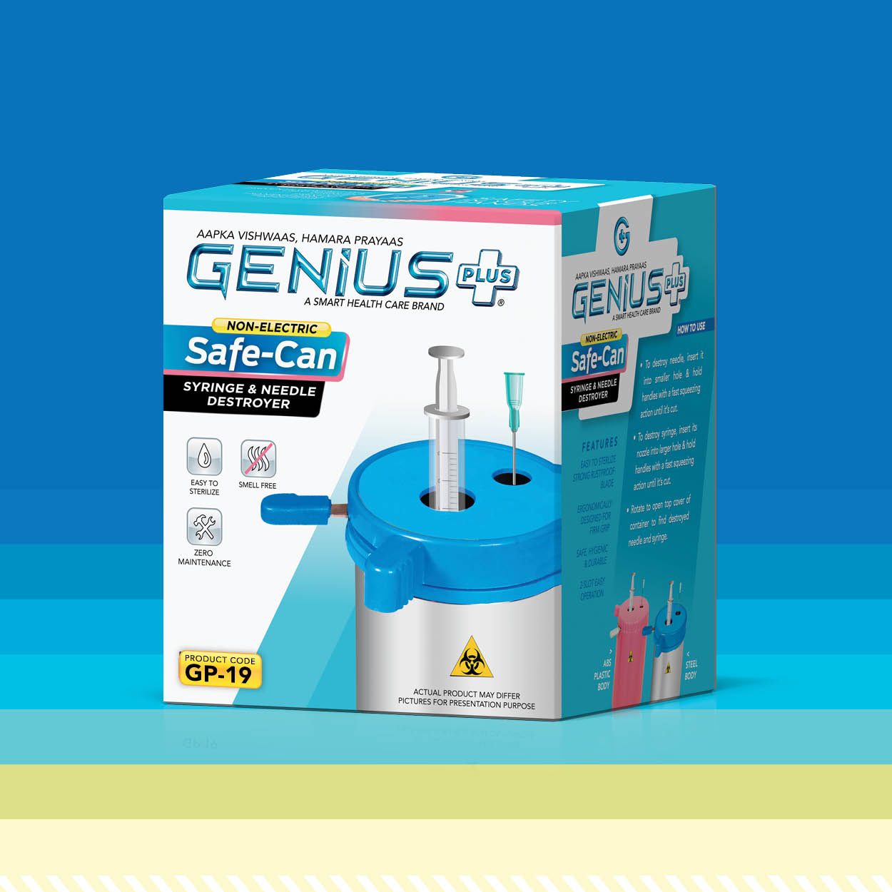 Safe-Can Syringe & Needle Destroyer — Non-electric Safe-Can destroys used needles and syringes with a simple squeezing action, keeping sharps waste contained.
