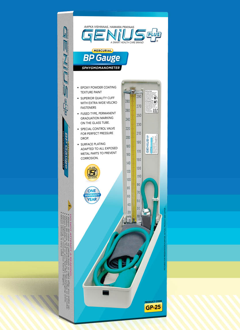 Mercurial BP Gauge — ISI-marked sphygmomanometer with epoxy-coated case, wide velcro cuff and permanent graduation marking.