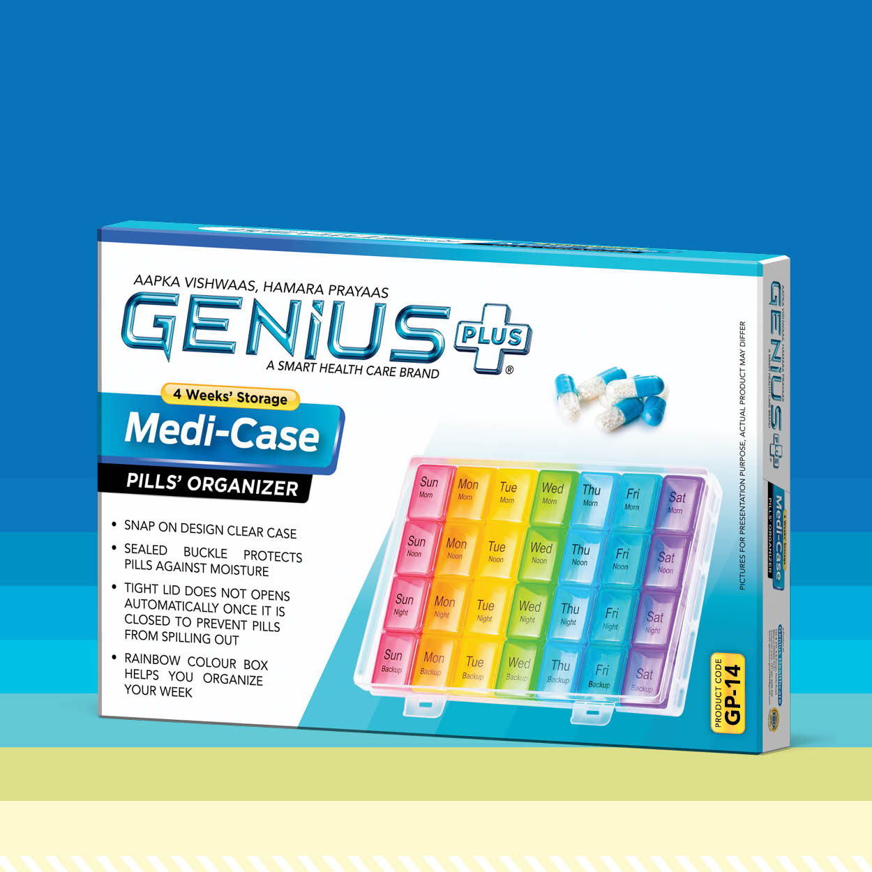 Medi-Case Pills' Organizer — Rainbow-coloured weekly pill organizer with four time slots a day and up to four weeks' storage.