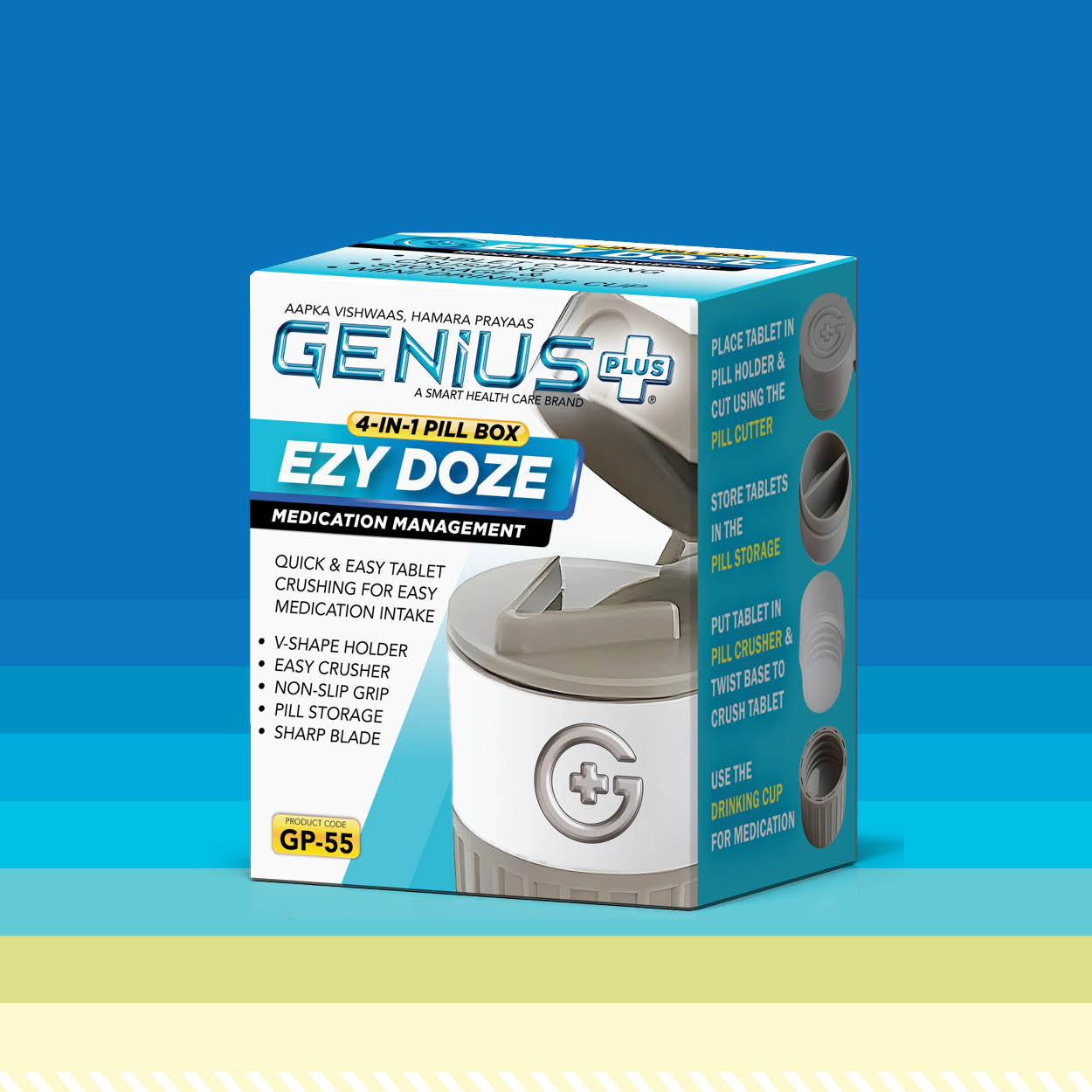 Ezy Doze 4-in-1 Pill Box — Four-in-one medication manager that cuts, crushes and stores tablets, and doubles as a drinking cup.