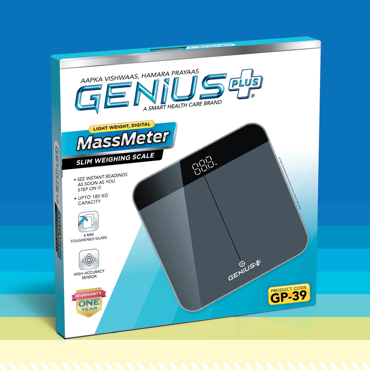 MassMeter Slim Digital Weighing Scale — Slim digital personal weighing scale with toughened glass and a high-accuracy sensor, up to 180 kg.