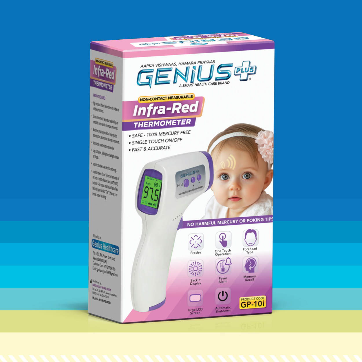 Infra-Red Non-Contact Thermometer — Forehead-type infrared thermometer with backlit LCD, memory recall and auto shutdown.